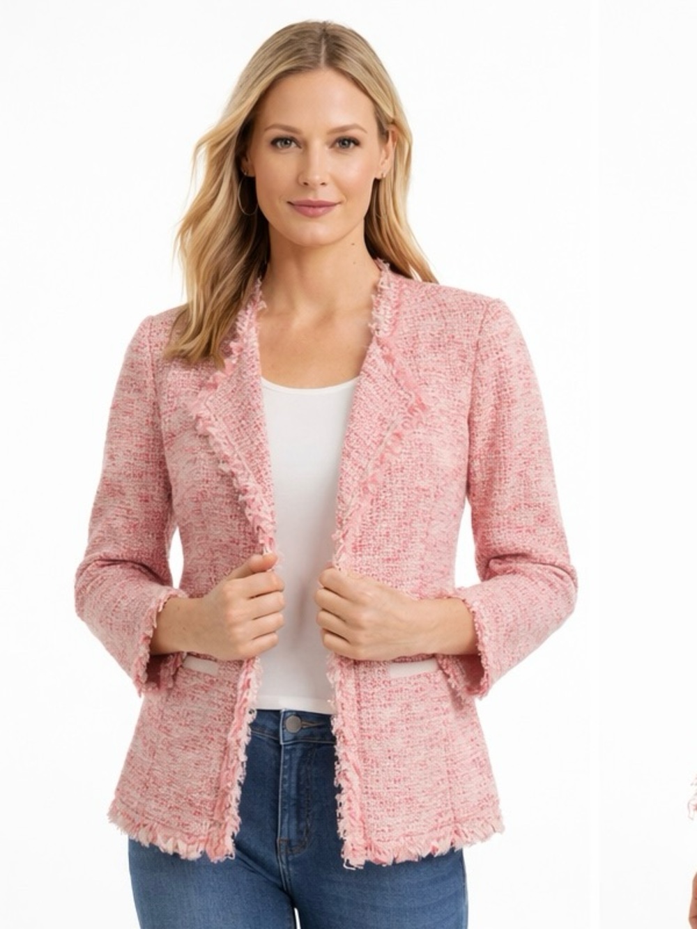 Misook Pink Tweed Knit‎ Jacket Fringe Trim Chanel Style Blazer Size Small